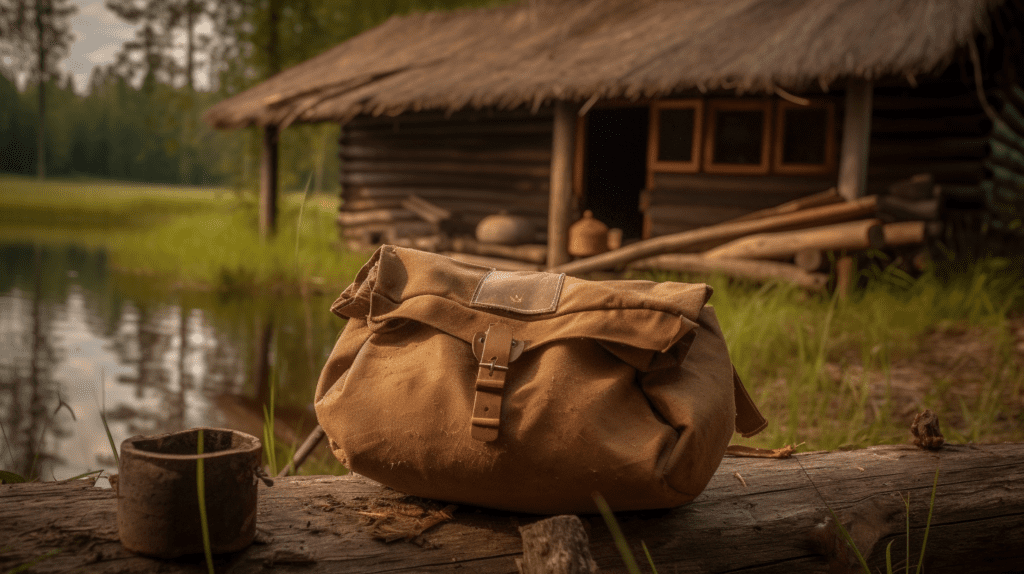 Bushcraft pouch on a log next to a mug.