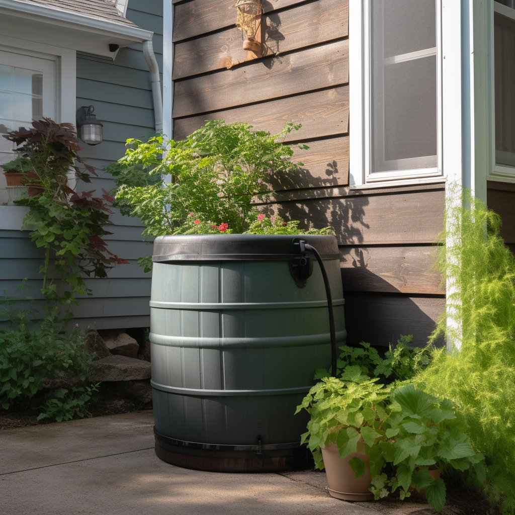 Image of a rain barrel with top part as a planter.