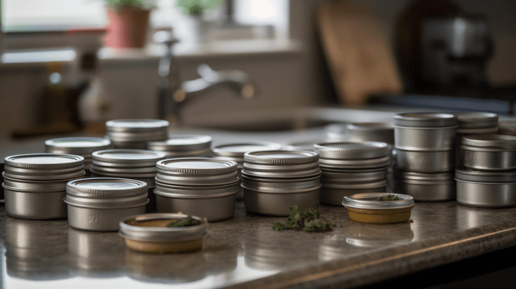 Multiple small tins of healing salve.