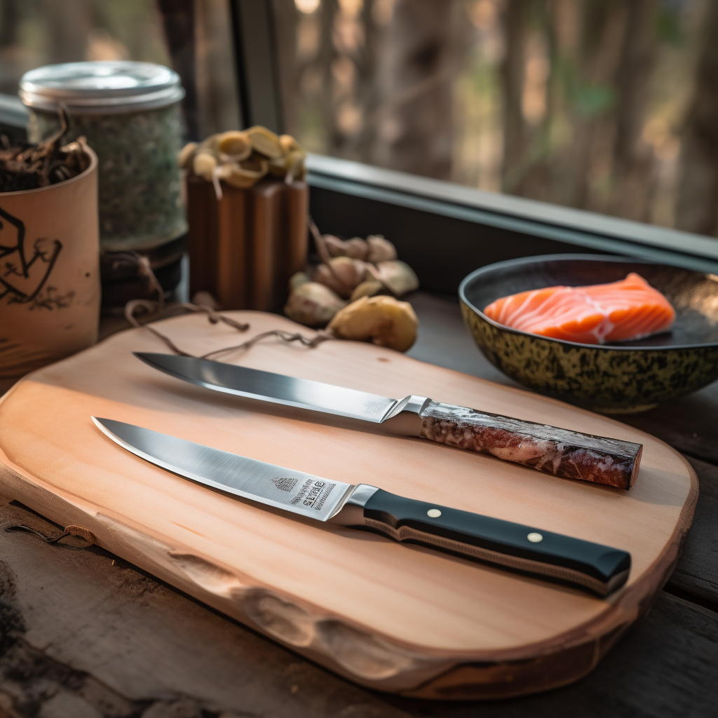 Japanese knives on a cutting board.