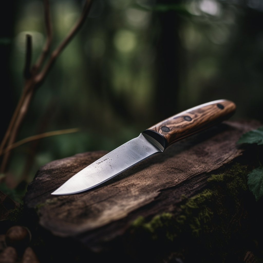 Japanese bushcraft knife on a rock in the woods.