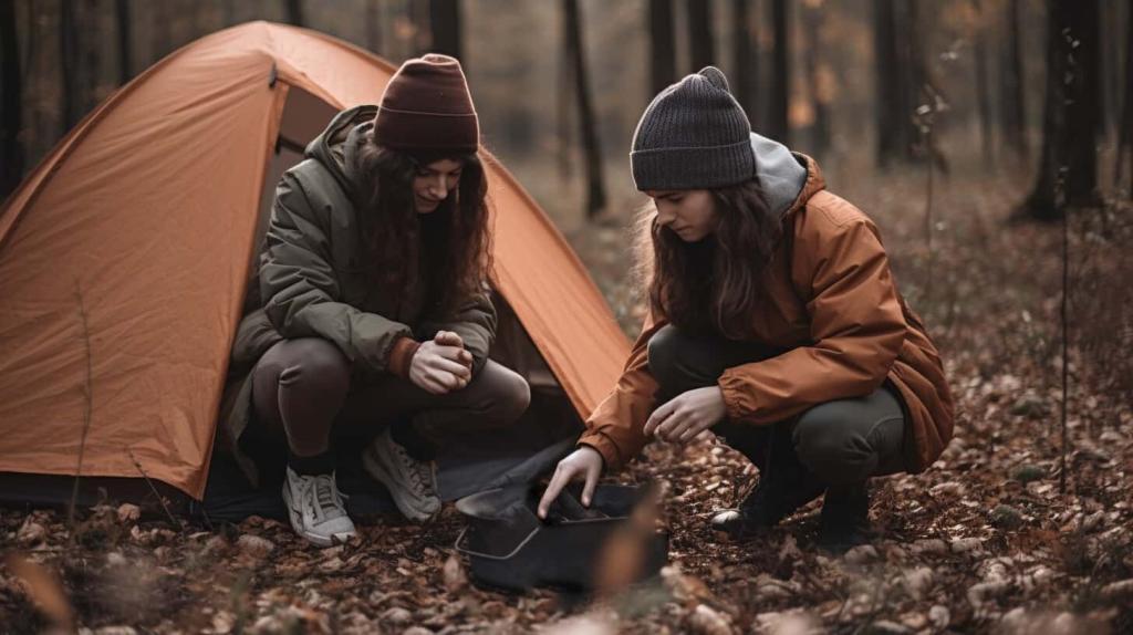 Photo of two campers wearing beanie caps.