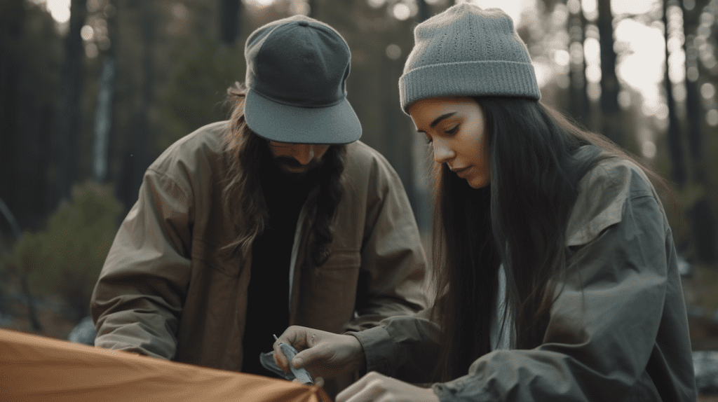Man wearing a cap and woman wearing a beanie as they set up their tent.