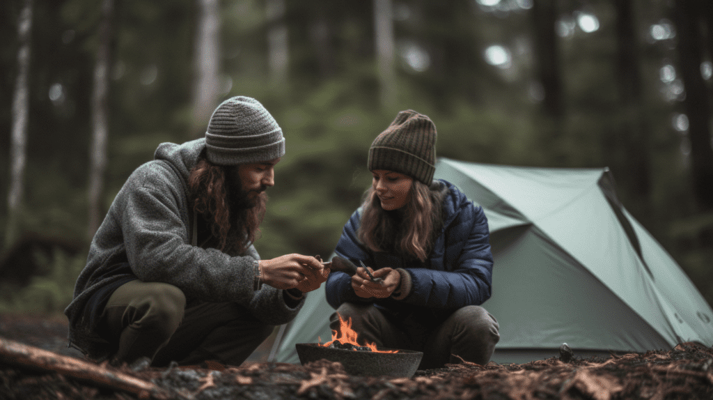 Couple wearing beanies at their campsite.