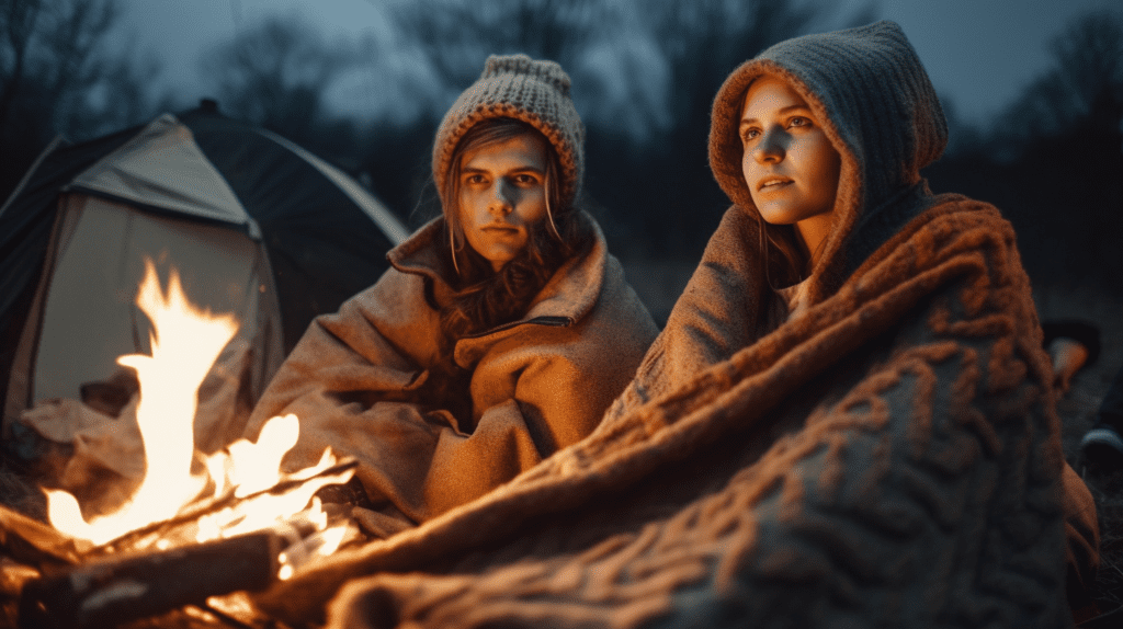 Couple nest to a campfire bundled up in bushcraft wool blankets.