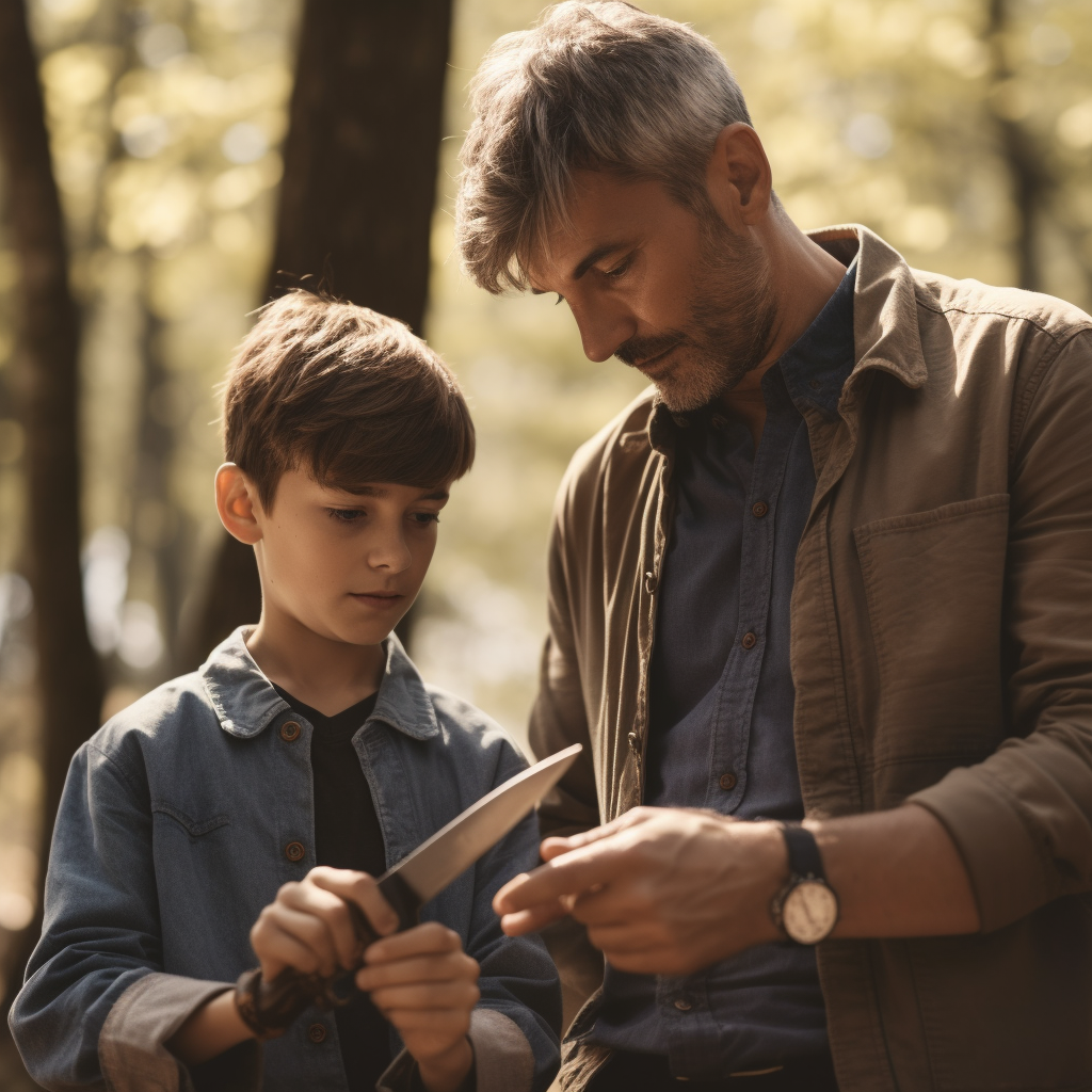 Photo of a father showing his son how to safely use a knife.
