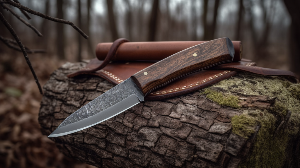 Photo of a Damascus bushcraft knife with leather sheath resting on a rock.