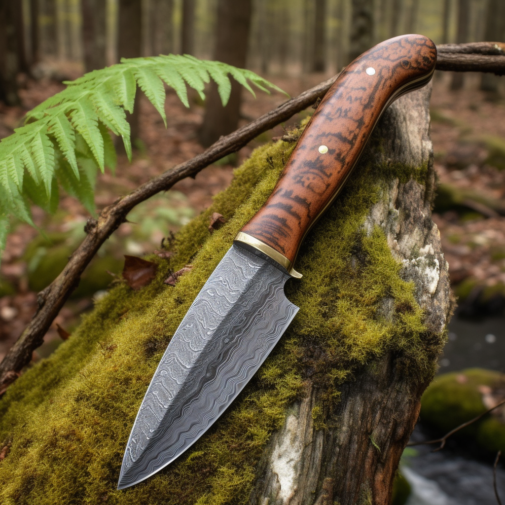 Dmascus bushcraft knife on a rock.