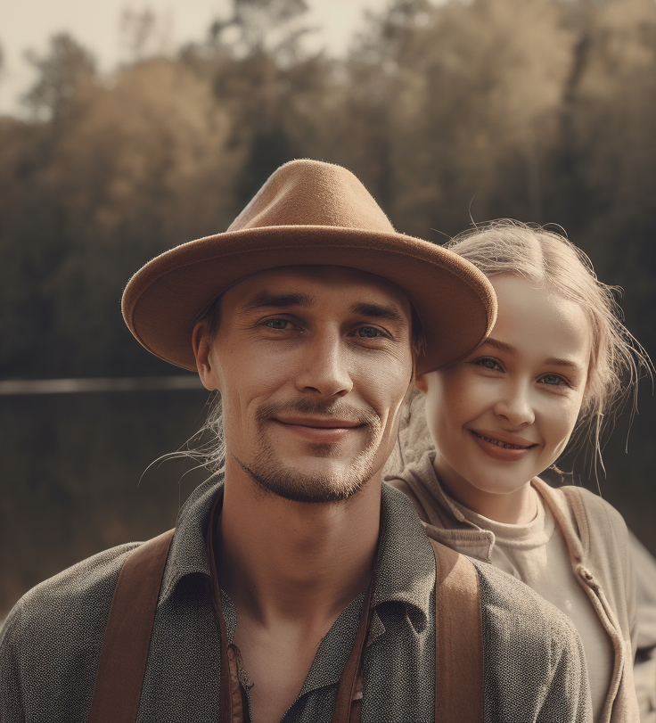 Young girl standing behind her dad as he wears a bushcraft hat.