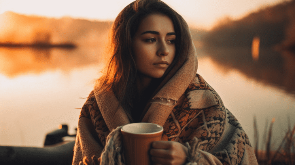 Young woman wrapped up in a bushcraft wool blanket holding a cup of coffee.