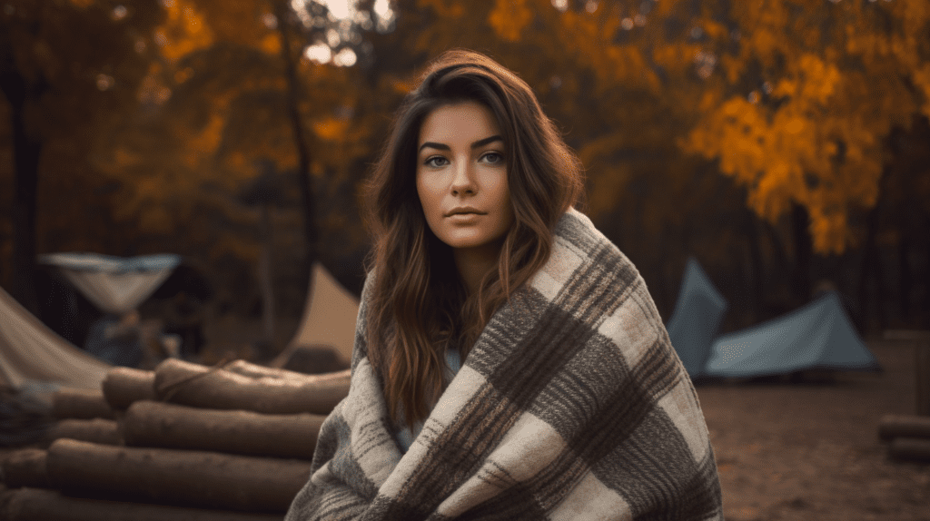 Photo of a young woman at a campsite using her wool blanket.