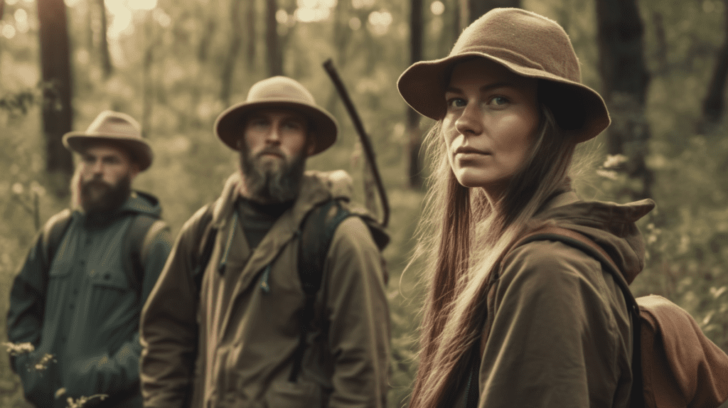 Photo of three hikers wearing bushcraft hats.