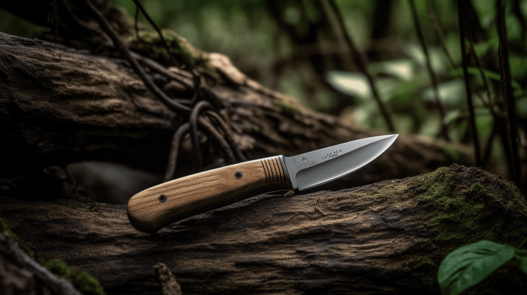 Photo of Japanese bushcraft knife on a log.