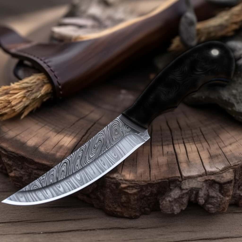 Damascus bushcraft knife on a cutting board.