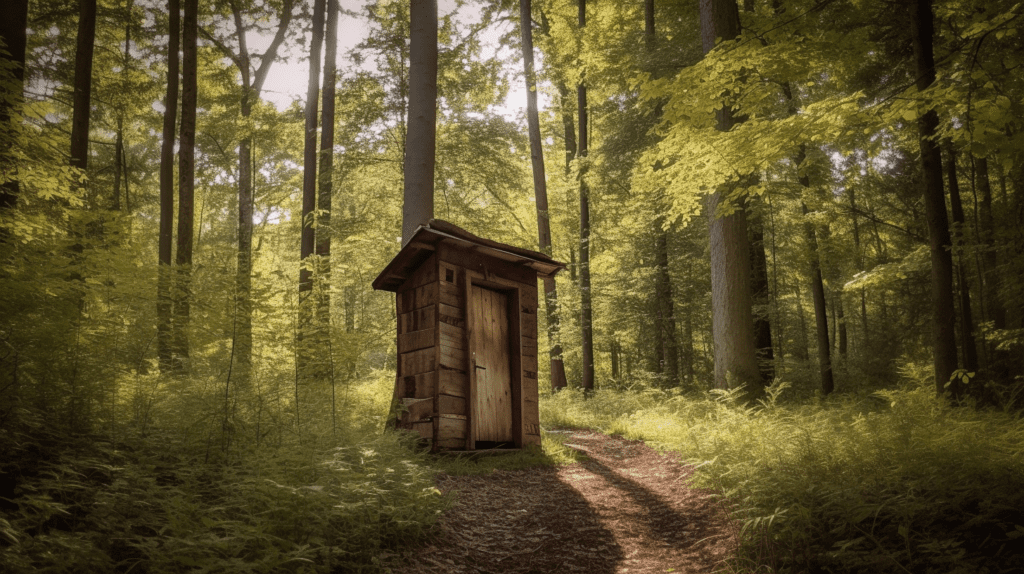 Photo of outhouse in the woods.
