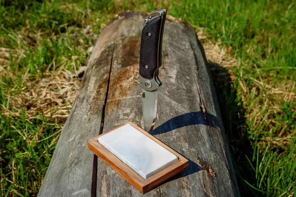 Photo of a knife sharpener and knife on a log.