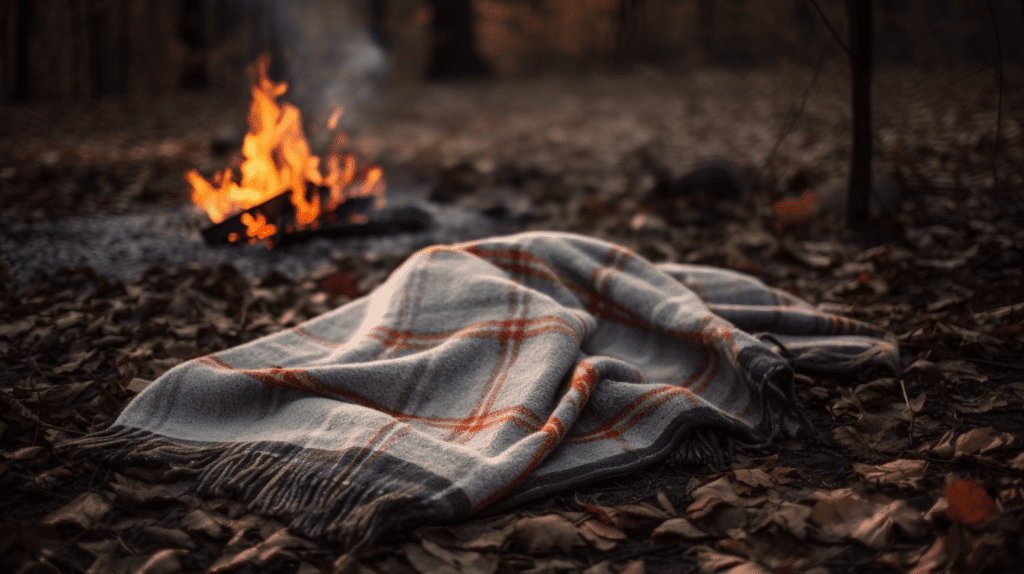 Wool blanket next to a campfire.