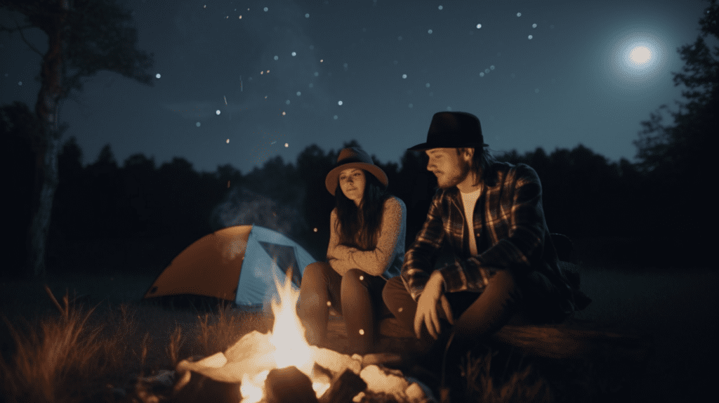 Photo of a couple enjoying a camp fire.