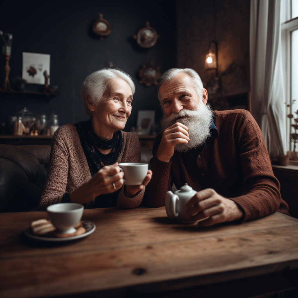 Photo of an elderly couple enjoying some tea.