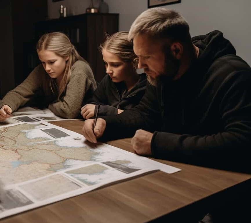 Photo of a family looking over their disaster preparedness plans.