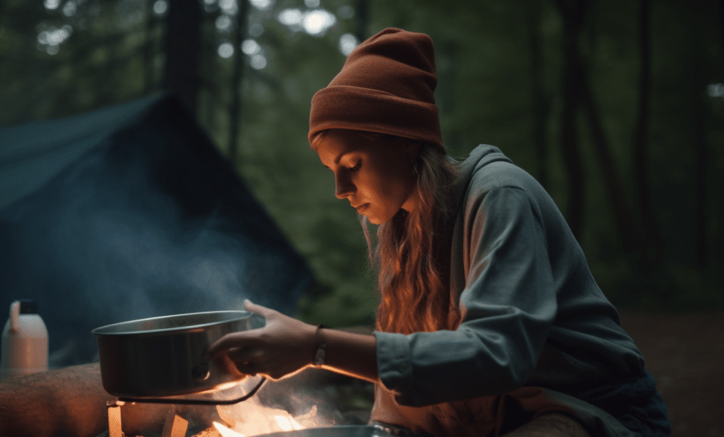 Photo of a camper preparing food in a pan.