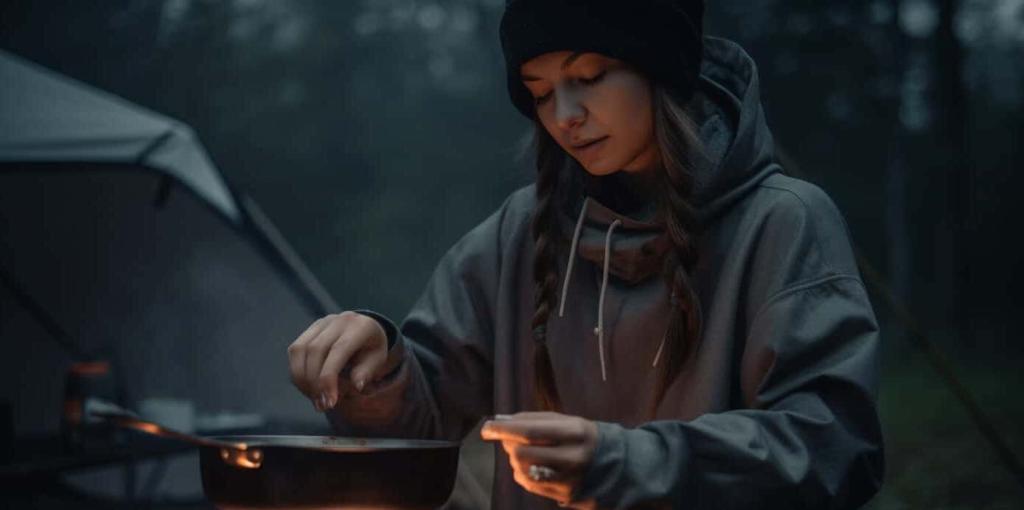 Photo of a girl cooking at her campsite.