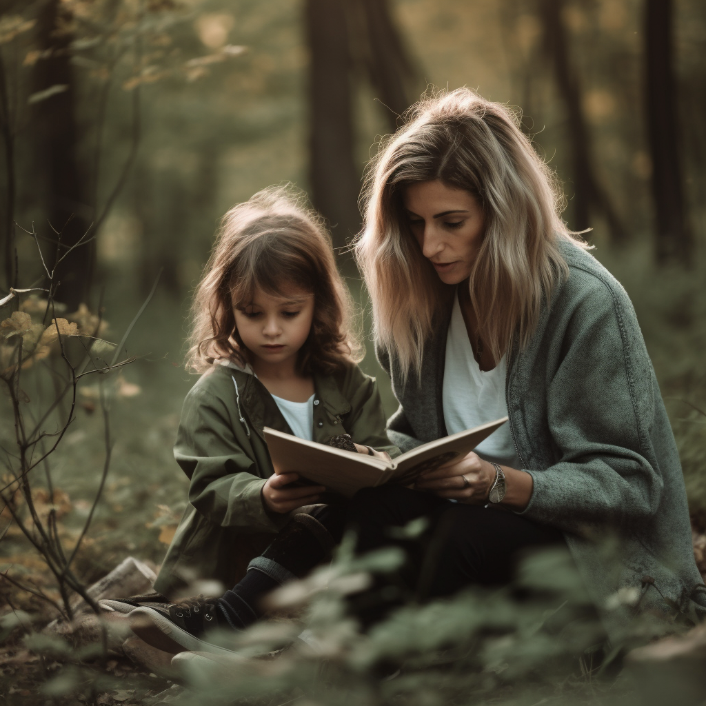 Photo of a mom reading a foraging book with her daughter.