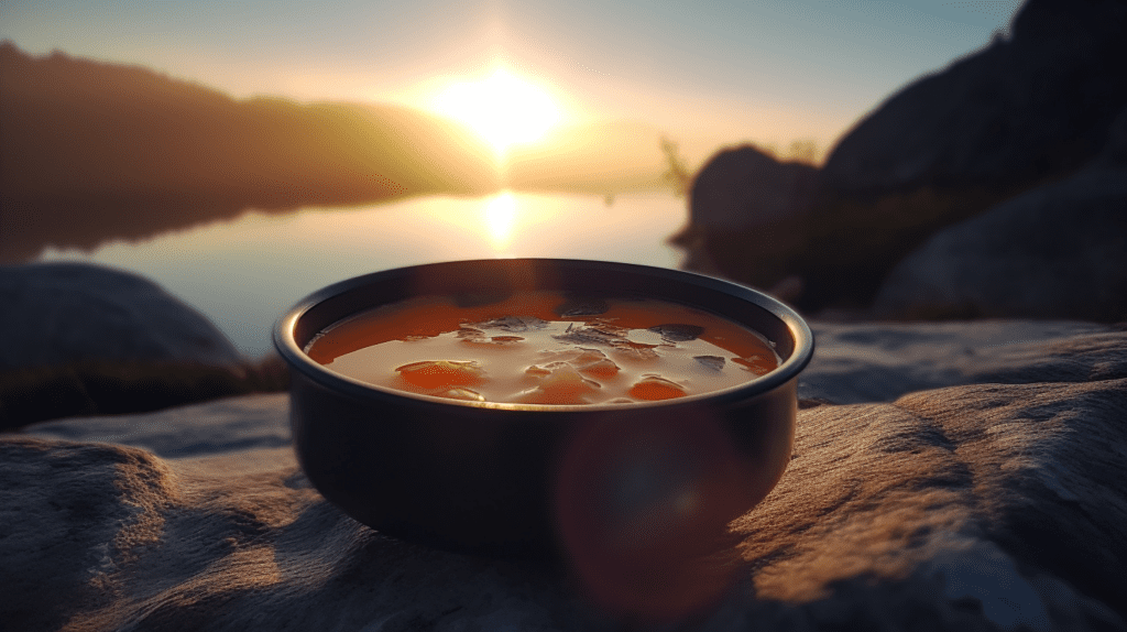 Photo of a pot of soup overlooking a sunset.