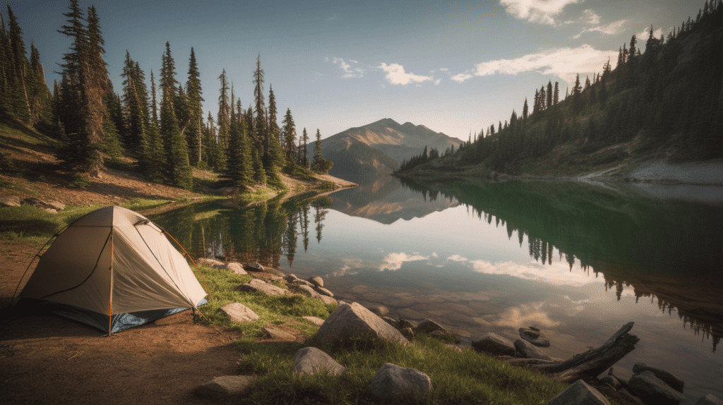 Photo of a tent next to a lake.