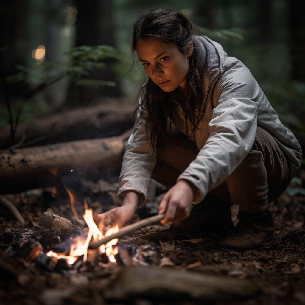 Photo of a woman starting a fire.
