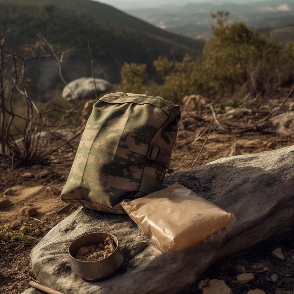 Photo of a back pack, MRE and a bowl of food sitting on a rock overlooking a valley.