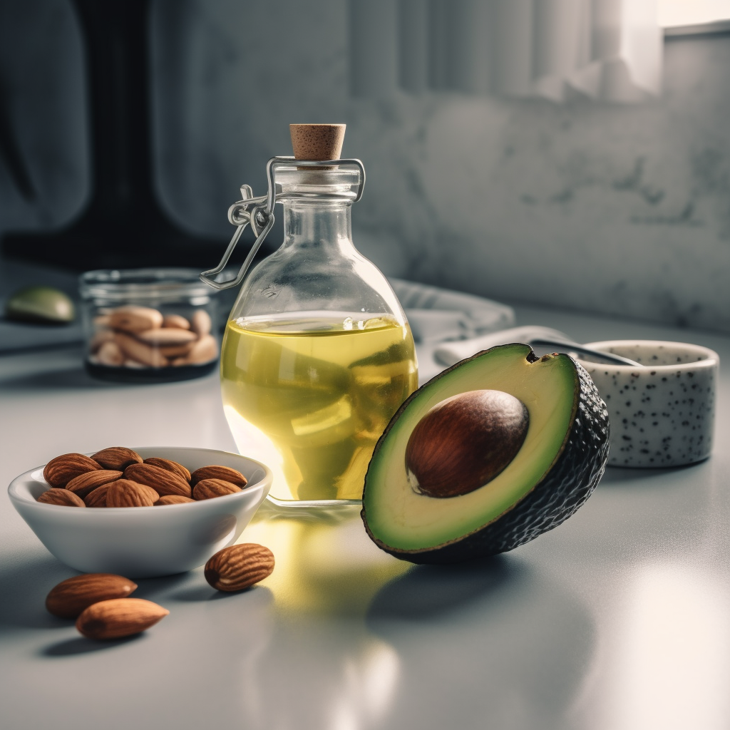 Photo of cooking oil, avocados & almonds.