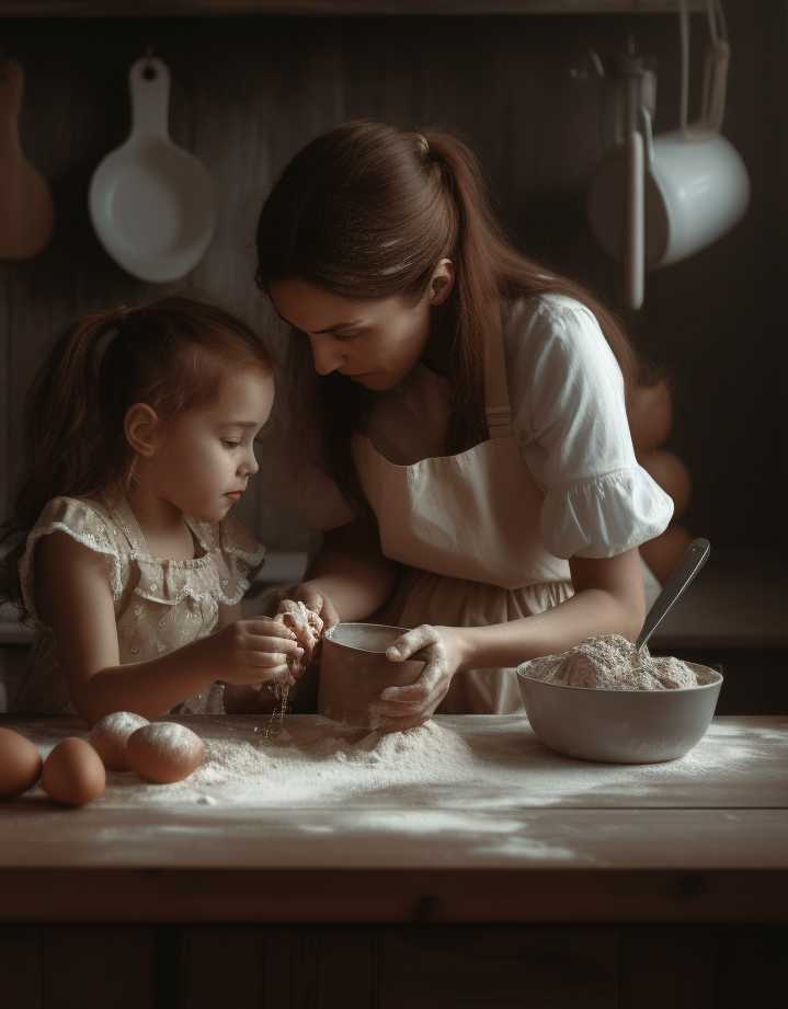 Photo of a mother and daughter checking flour.