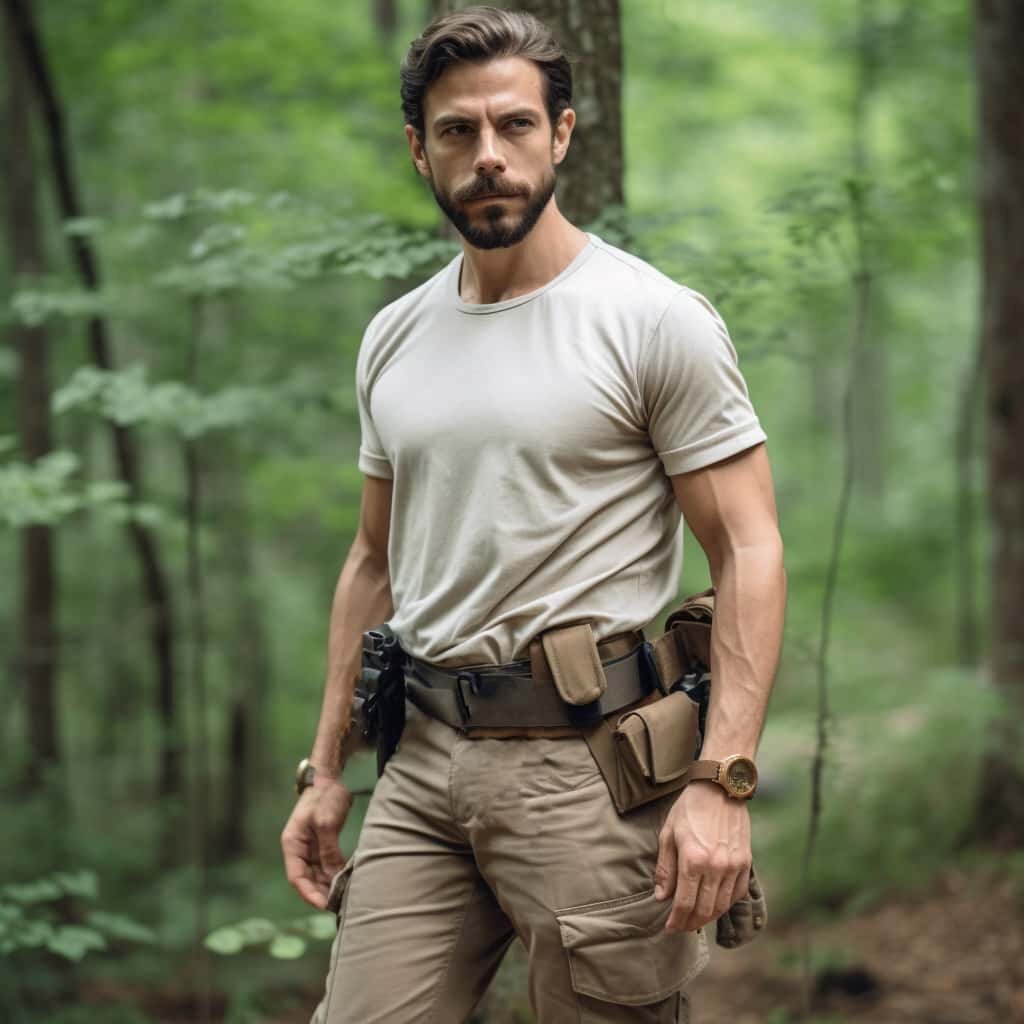 Man wearing a tactical belt in the woods.