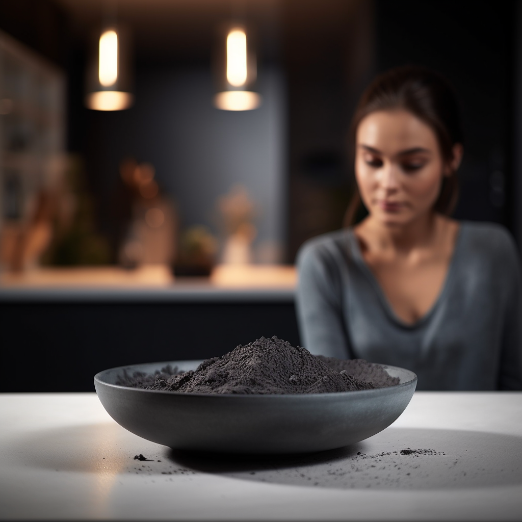 Woman sitting in her kitchen, a bowl of activated charcoal is on the counter.