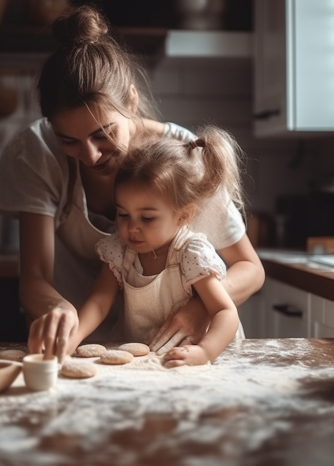 Mother and child baking with flour.