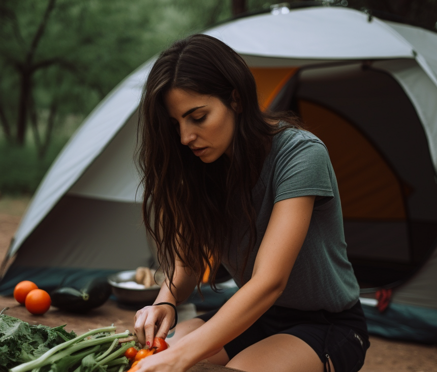 Photo of a girl at a campsite prepping veggies.