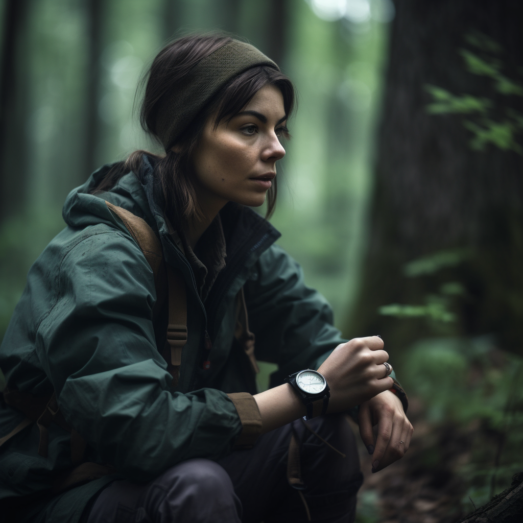 Photo of a girl in the woods wearing a survival watch.