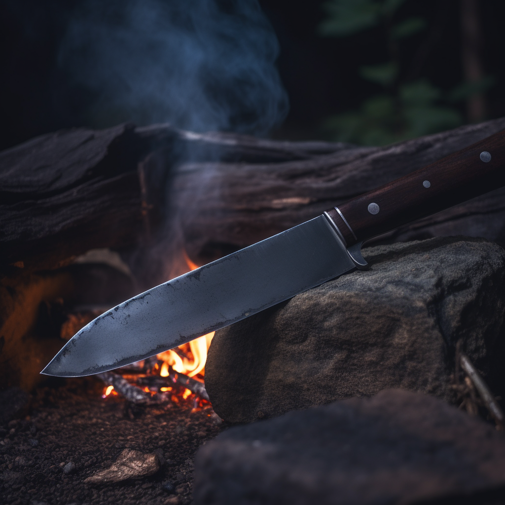 Photo of a machete resting on a rock near a campfire.
