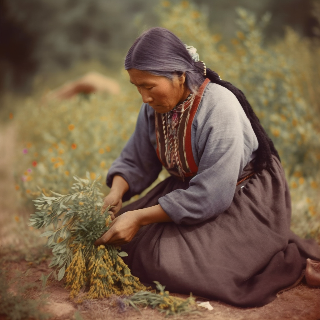 Photo of a native american woman gathering herbs.