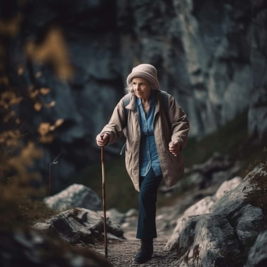 Photo of an older woman hiking with a self-defense cane.