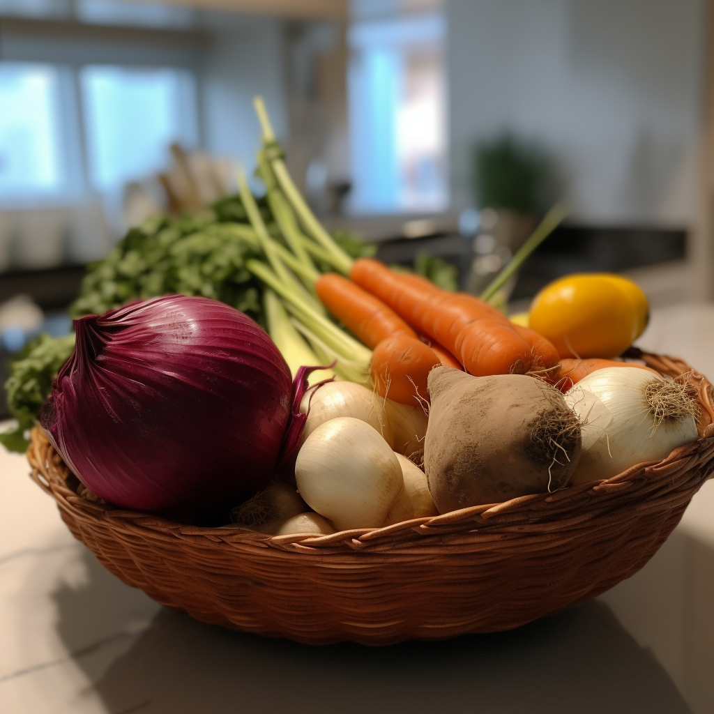 Photo of a basket of garden fresh vegetables.
