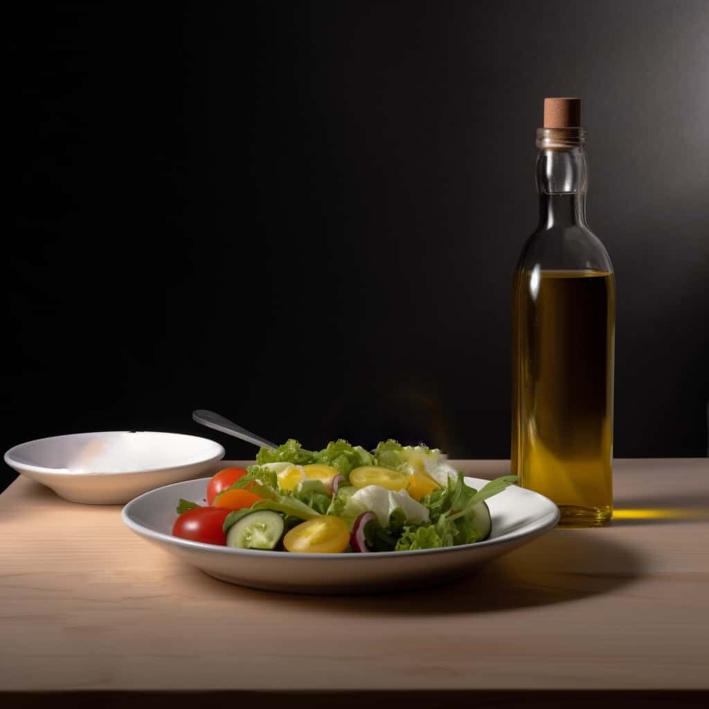 Photo of a salad and a bottle of oil.