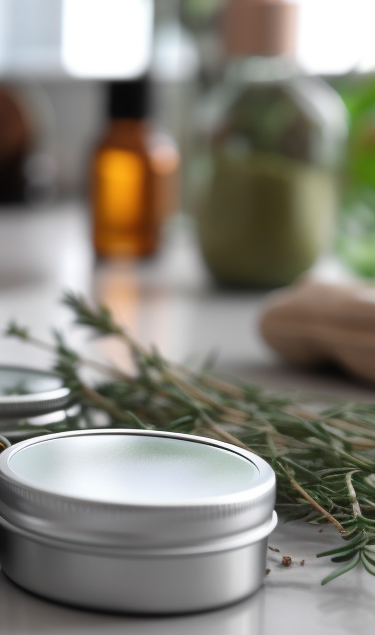 Photo of healing salve and herbs on a kitchen counter.