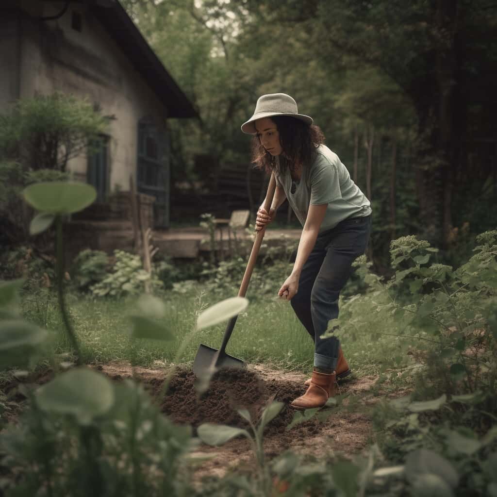 Woman diggin in her garden.