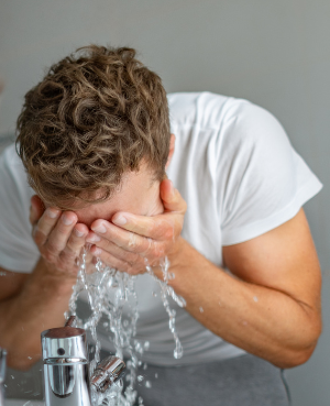 Photo of a man rinsing his eyes with water.