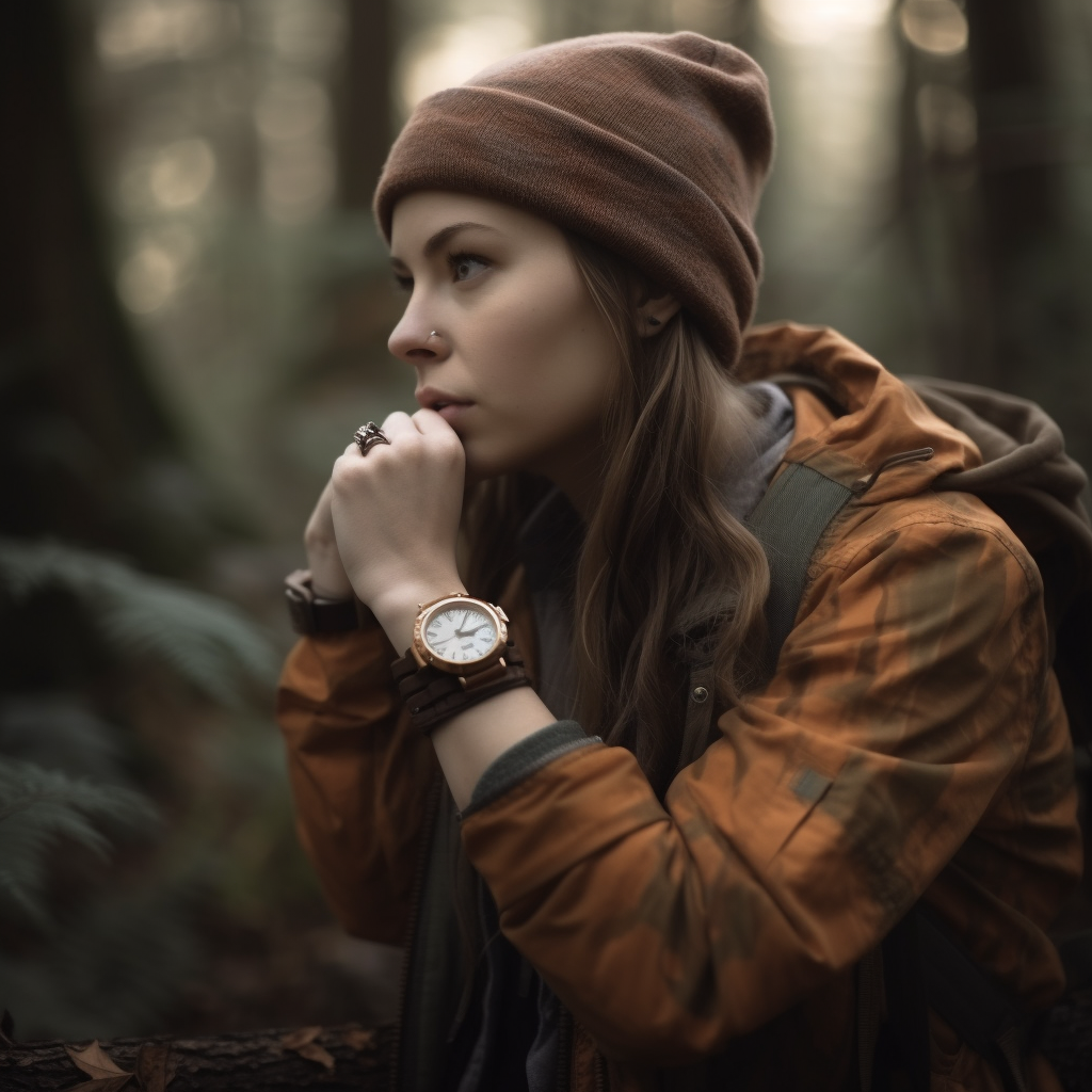 Hiker wearing a survival watch.