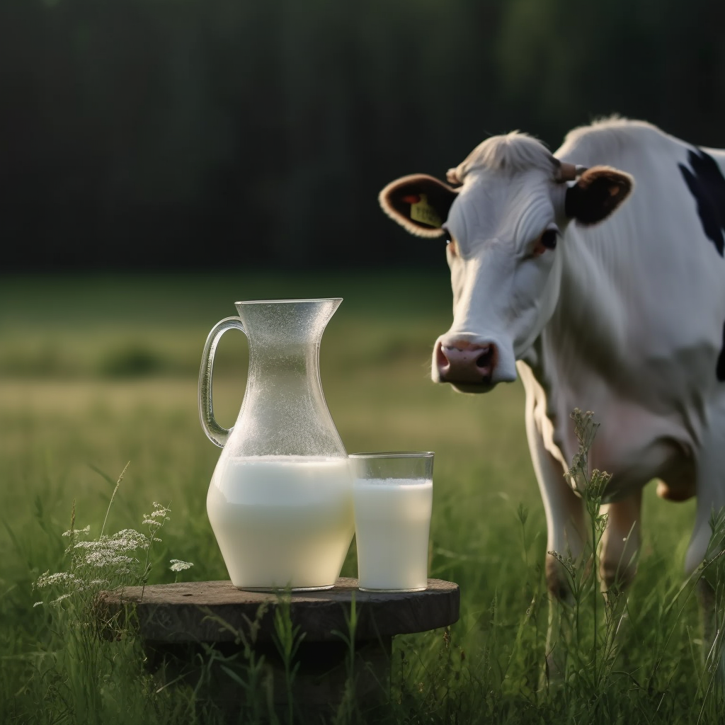 Photo of a cow next to a container of milk in the middle of a grassy meadow.