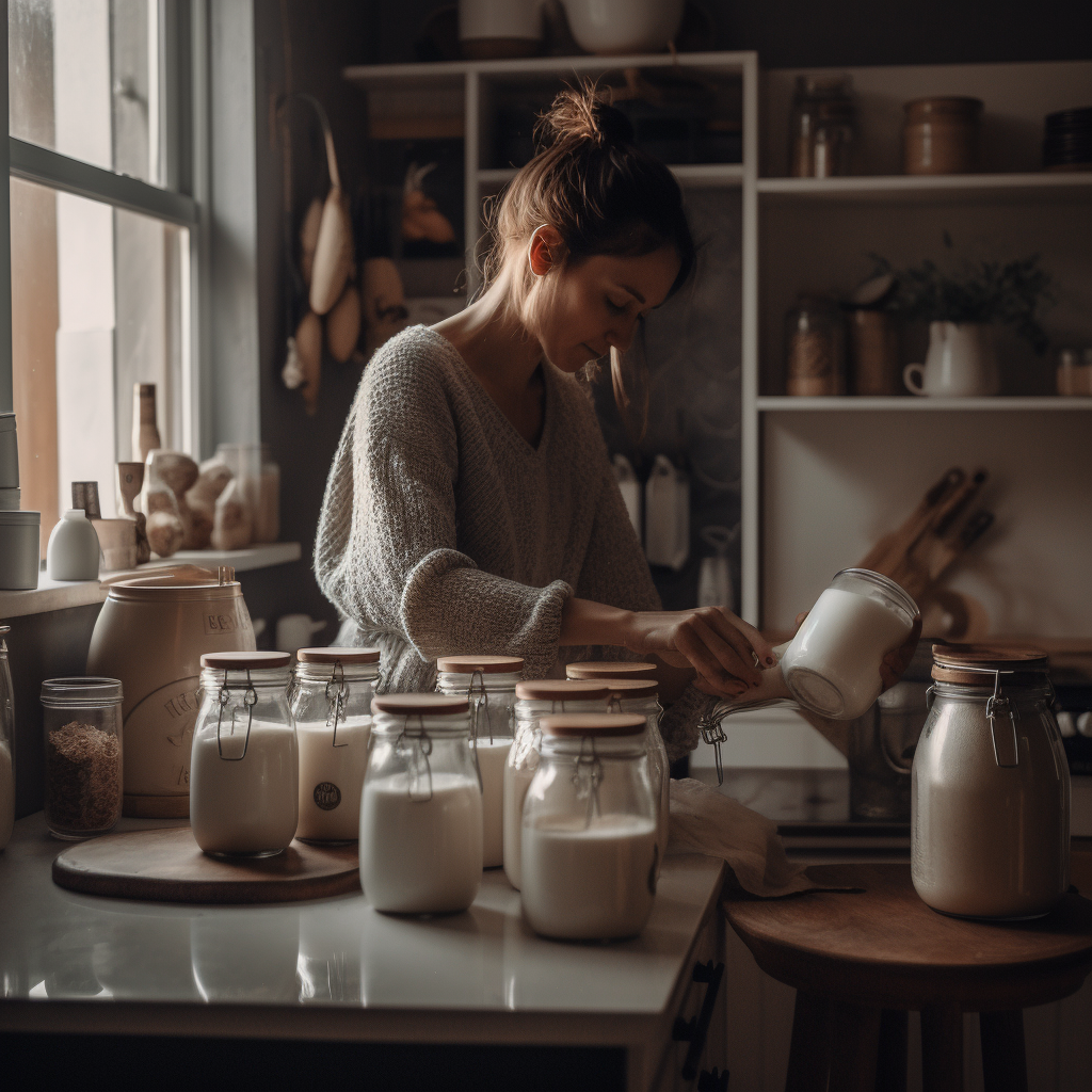 Photo of a woman in her kitchen with jars of dry milk on the counter top preparing to store powdered milk.