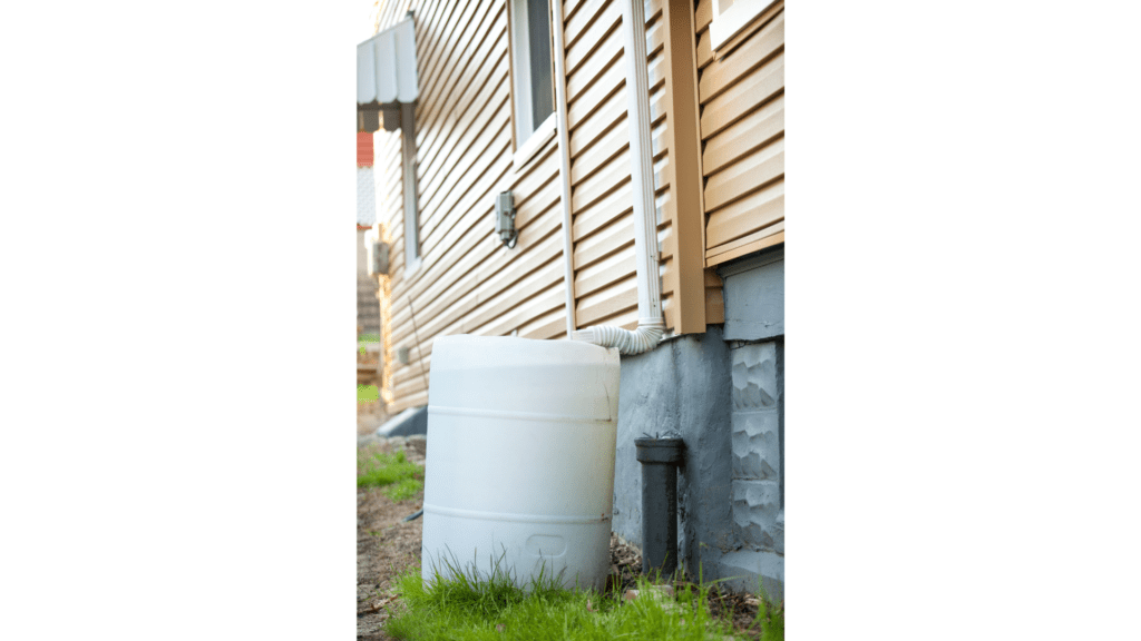 Water from a downspout on a home collecting water into a rain barrel.